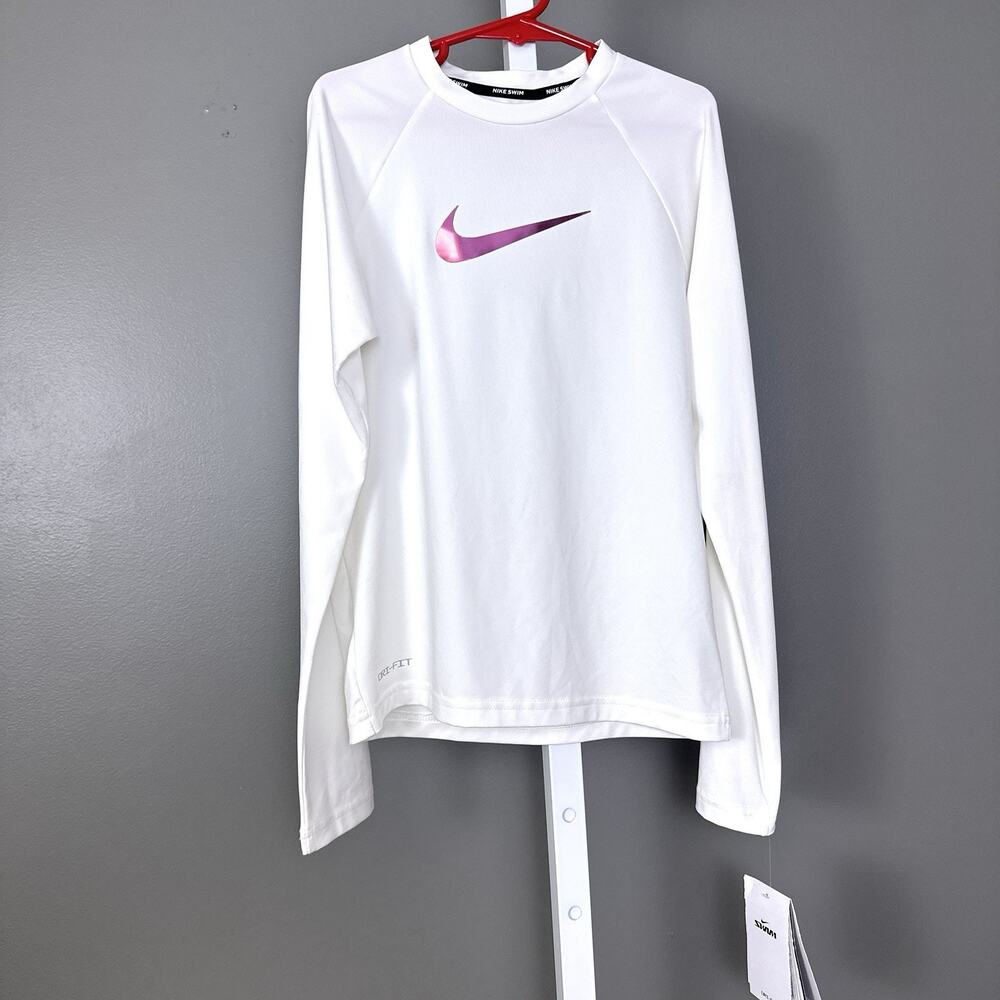 Nike Girls Medium M Long Sleeve Hydroguard Rash Guard Swim Shirt White NESS8784